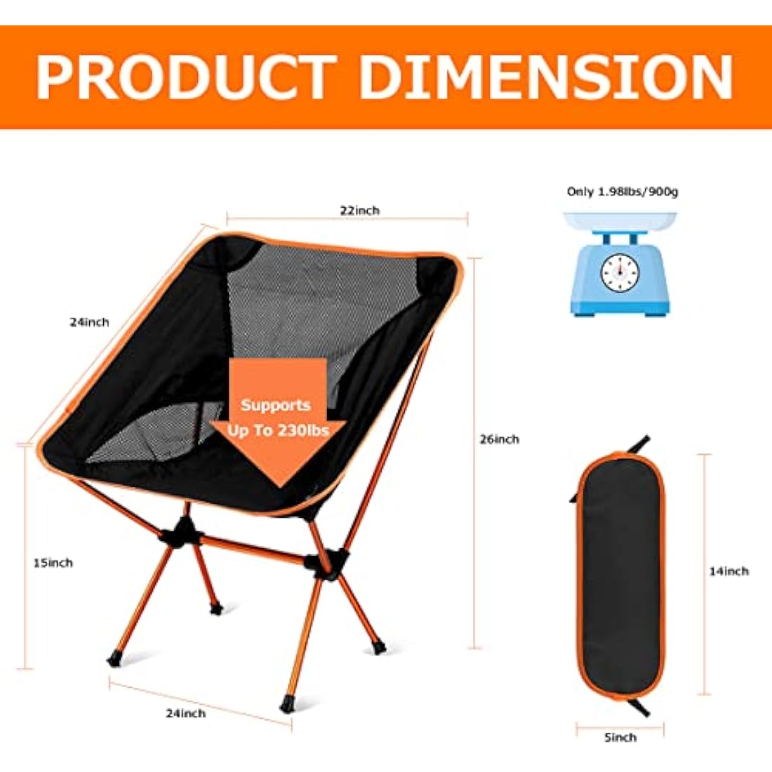 SOPPY [2 Pack] Ultra Lightweight Folding Camping Chair, Portable Backpacking Chair, Heavy Duty 135kg Capacity, Outdoor Chairs with Carry Bag for Camping, Garden, Fishing, Beach,BBQs - Orange