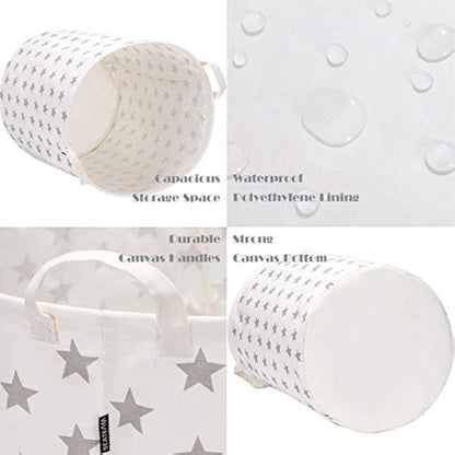 Sea Team 19.7 Inch Large Sized Waterproof Coating Ramie Cotton Fabric Folding Laundry Hamper Bucket Cylindric Burlap Canvas Storage Basket with Stylish Grey Stars Design