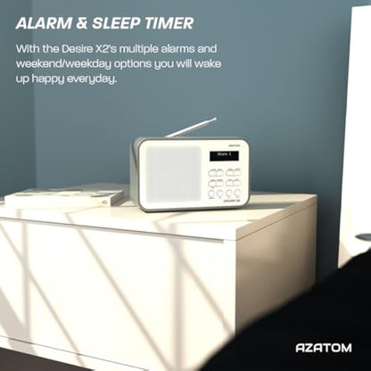 DAB/DAB+ & FM Portable Digital Radio | Simple Controls | Dual Alarms & Sleep Timer | Battery & Mains Powered (4x”AA”) | Bluetooth | Perfect for Home, Office or Outdoors | AZATOM Desire X2 (Grey)