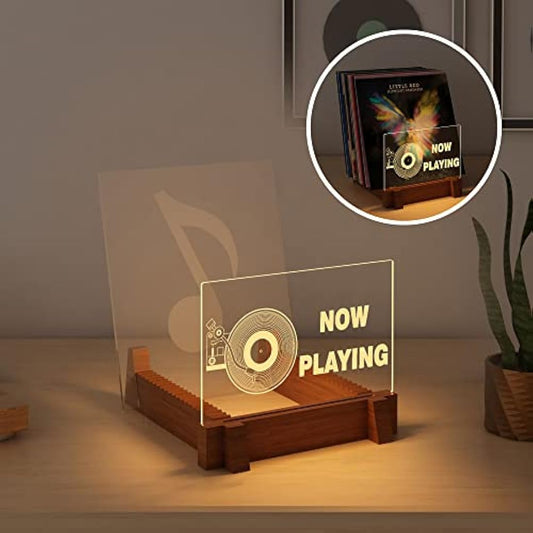 YuanDian Vinyl Record Storage, Light up Now Playing Wood Acrylic Holder Shelf for Vinyl Album Display and Storage with Warm White Color Lights, Vinyl Record Display Collection Holder with USB Powered