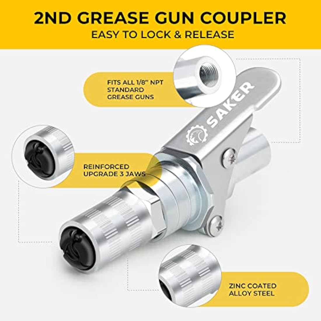 Saker Grease Gun Coupler-Upgrade to14000 PSI,Duty Quick Release Grease Couplers,Compatible with All Grease Guns 1/8" NPT Fittings(2 PCS)