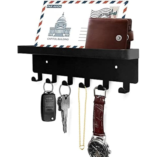 GTK Key Holder with Tray and 6 Hooks for Hallway, Key Rack with Shelf for Mail Storage (Black)