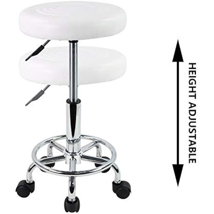 KKTONER PU Leather Round Rolling Stool with Foot Rest Swivel Height Adjustment Medical Spa Drafting Salon Tattoo Work Office Massage Stools Task Chair (White)