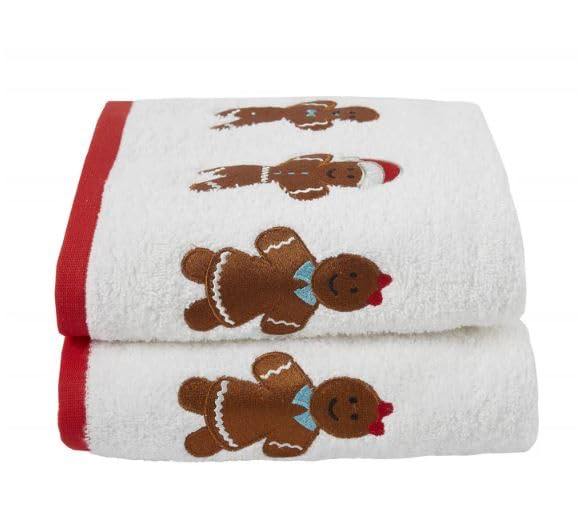 Fusion - Gingerbread Man Hand Towels 2 Pack 50 x 90cm - Soft Fluffy 100% Cotton - Embroidery Gingerbread Hand Towels - Christmas Bathroom Towels