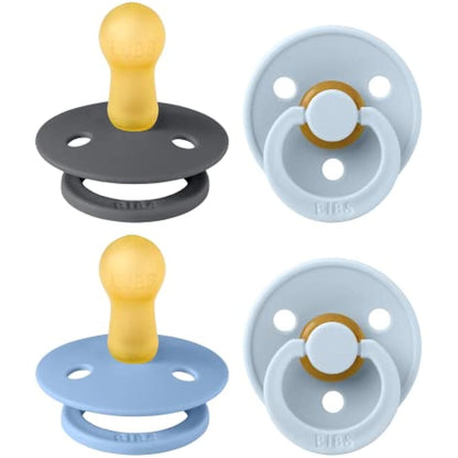 BIBS Dummies Colour 4-Pack, BPA Free Dummy Pacifier, Round Nipple Soothers, Natural Rubber Latex, Made in Denmark. 6-18 Months (Pack of 4), Baby Blue Colours