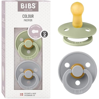 BIBS Colour Soother 2-Pack, BPA Free Dummy Pacifier, Round Nipple. Natural Rubber Latex, Size 2 (6-18 Months), Sage/Cloud