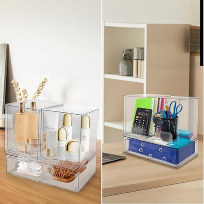 Large Stackable Storage Drawers, Clear Plastic Makeup Organiser with Pull-Out Drawer for Under Sink, Pantry, Bathroom, Kitchen and Office
