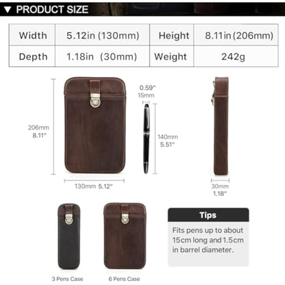 CONTACTS Leather Pen Case for 6 ountain pens, Brushes,Pencil Holder Display,Pen Protective Travel Sleeve,Old School Elegant Desk Accessory Organizer Box