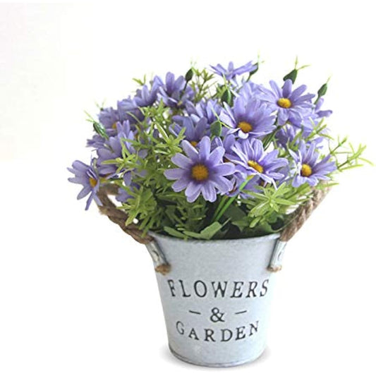 Hwtcjx Artificial Flowers with Vase, Artificial Flowers in Pots, Fake Plants With Metal Pot, Plastic Flower, with Vintage Metal Bucket, Beautiful Decoration, for Wedding, Office, Home (Purple)