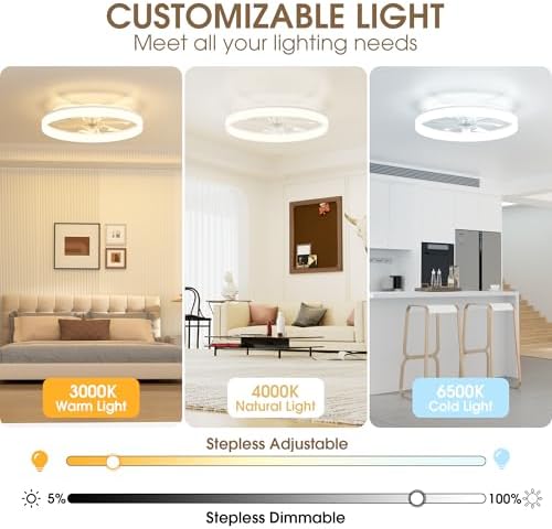 NIORSUN 60cm Ceiling Fans with Lights and Remote, 6 Speeds Modern Smart LED Ceiling Fan Light, 3000K-6500K Dimmable Quiet Fan Lights Ceiling for Bedroom Living Room Dining Room (White)