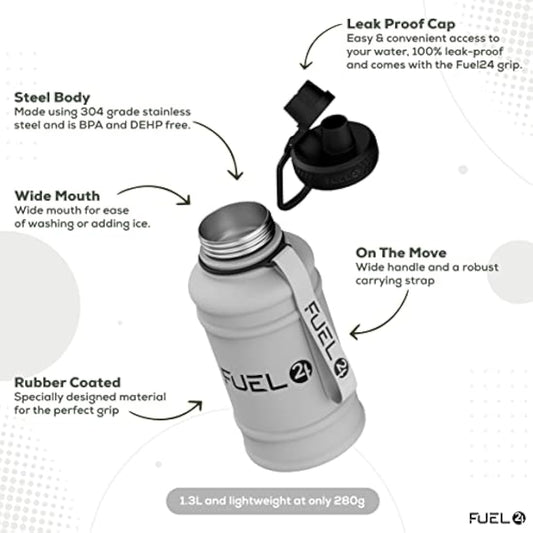 Fuel24 1.3L/2.2L Water Bottle Metal - STRONG, Drop & Leakproof BPA free 2L 1L Stainless Steel Water Bottle (1 Litre) - Large Gym Bottles for Men, Sports Water Bottle, Travel, Hiking Water Bottle