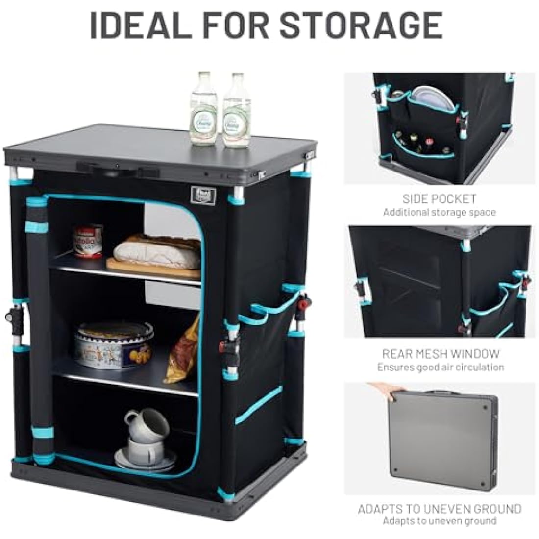 TIMBER RIDGE Compact Camping Storage, Pop Up Folding Camping Kitchen Unit, Camping Furniture Camping Cupboards Cabinet Outdoor 3 Shelf Aluminum Frame Portable for Garden Party Picnic, Supports 30kg