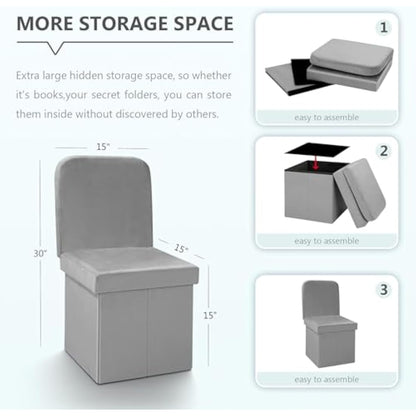 Bonlife Grey Folding Ottoman Storage Box with Seat Back Bedroom Chair Sturdy with Removable Lid 38x38x72cm