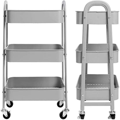 DOEWORKS Storage Trolley on Wheels 3-Tier Kitchen Trolley Rolling Beauty Trolleys Craft Trolleys Metal Storage Cart for Bedroom Bathroom Office, Grey