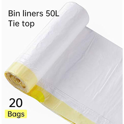 blkk Bin Bags Heavy Duty Bin Liners 50L Swing Bin Liners Strong Pedal Drawstring Bin Bags with Tie Handle Unscented 1 Roll, 20 Counts in All