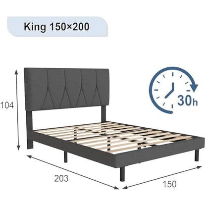 Yocreat King Bed Frame, Dark Grey, Upholstered Wooden Slat Bed Frame with Headboard, Easy Assembly, Underbed Storage, No Box Spring Needed 150×200