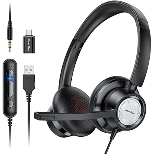 New bee USB Headset with Microphone, Headphones with Microphone,PC Headset USB Type-C 3.5 mm for Call Centre/Telephone Conferencing/Skype Chat/Online Courses (black)