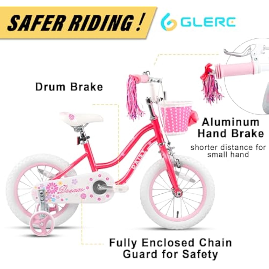 Glerc Daisy 12  Inch Girls Bike for 2-7 Years Kids with Stabilisers Basket Streamers and Bell,Multiple Colors