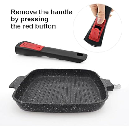 RANX INGST Griddle Pan with Lid, 26 x 24 cm Cast Aluminium Non Stick Steak Pan with Detachable Handle for Induction Hob, Black