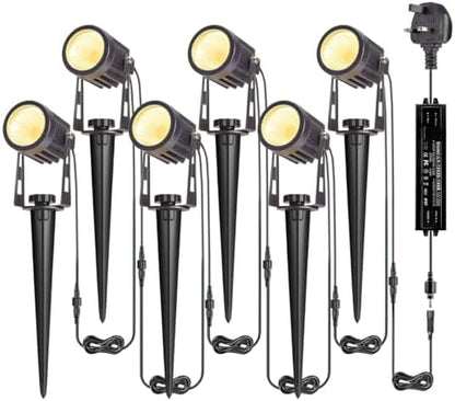 B-right Garden Spotlights Mains Powered, Upgraded Spike Lights Extendable to 12 Garden Uplighters,IP65 Waterproof 12V Low Voltage Outdoor Lights for Pathway Yard Landscape (6Pack,21M,Warm White)