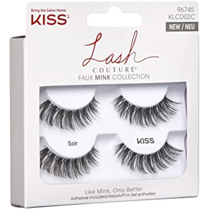 KISS Lash Couture Faux Mink Collection 2 Pairs of False Lashes, Soir, Ultrafine, Tapered, Synthetic Fake Lashes includes Lash Glue