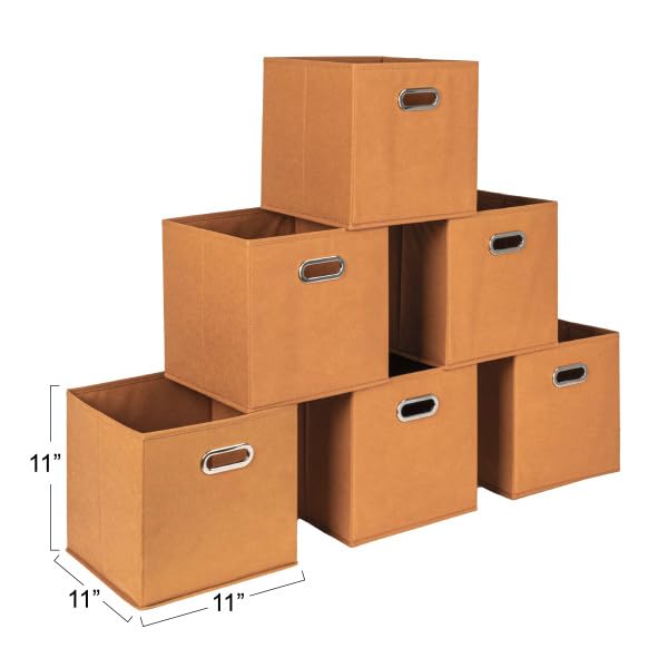 Household Essentials Fabric Storage Cube Bins, 6 Piece Set, Strong Poly-Woven Fabric, Chipboard Sides, Grommet Front Handle, Stackable and Foldable