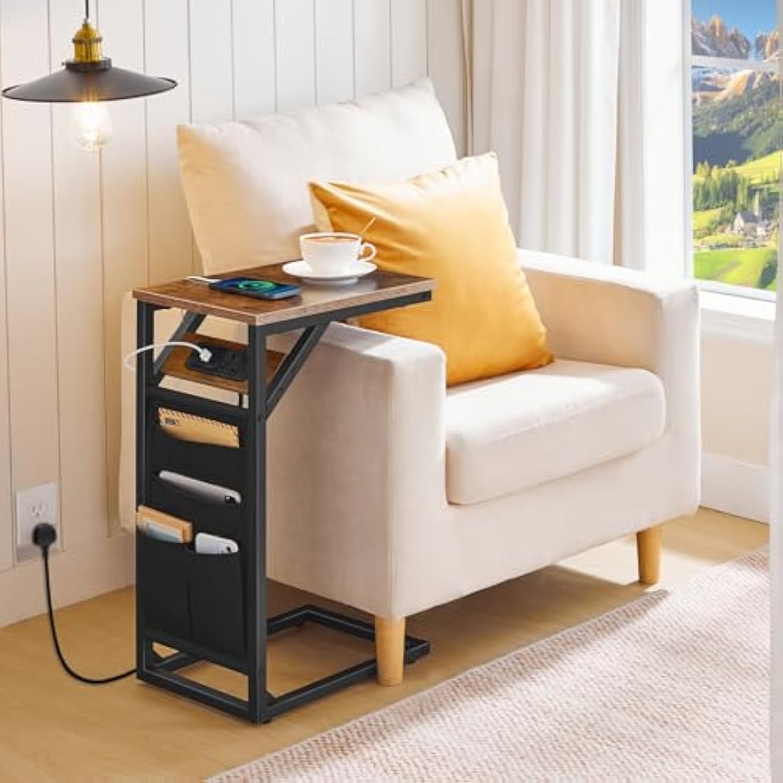 HOOBRO C Shaped Side Table with Charging Station, Sofa Side Table with Storage Bag, Narrow Bedside Table with Power, Laptop Table for Sofa, Small Spaces, Living Room, Rustic Brown and Black EBF28KSF01