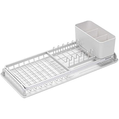 Brabantia Dish Drying Draining Rack (Compact / Light Grey) Easy-Clean Drip Tray and Removable Cutlery Basket, Corrosion-Resistant Aluminium Rack, Compact (20 x 46 cm)