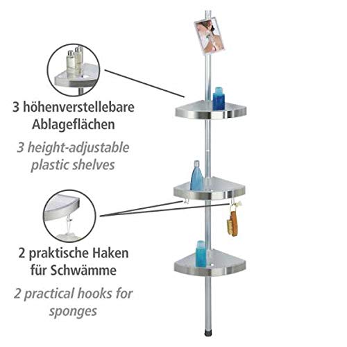 Wenko 20349100 Telescopic Shower Corner Element Premium 3 Shelves, 2 Hooks and Mirror, Metal Aluminium, 27.5 x 70260 x 20 cm, Satinised