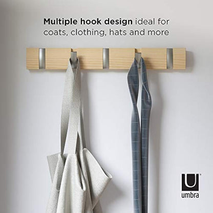 Umbra Flip 5-Hook Wall Mounted Coat Rack, Modern, Sleek, Space-Saving Coat Hanger with 5 Retractable Hooks to Hang Coats, Scarfs, Purses and More, Natural, Natur