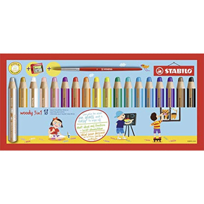 STABILO woody 3-in-1 - Multi-Talented Pencil - Pack of 18 - Assorted Colours with Sharpener and Paint Brush