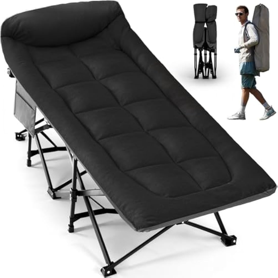 OVERMONT 28" Extra Wide Padded Folding Camping Beds for Adults - Comfortable Portable with Cushion and Pillow - Folding Cot with Carry Bag Supports 550 lbs for Outdoor Travel Home Office Nap