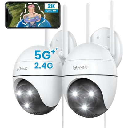 ieGeek 2.4G/5GHz PTZ Security Camera Outdoor, 2K Dual-Band WiFi CCTV Camera, Color Night Vision, WiFi Home IP Camera with Human Detection, Siren, 2-Way Audio, Support Alexa, Memory/Cloud, 2PCS (Wired)