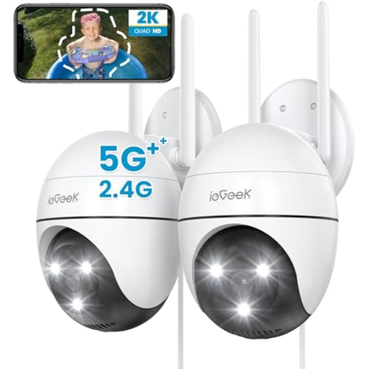 ieGeek 2.4G/5GHz PTZ Security Camera Outdoor, 2K Dual-Band WiFi CCTV Camera, Color Night Vision, WiFi Home IP Camera with Human Detection, Siren, 2-Way Audio, Support Alexa, Memory/Cloud, 2PCS (Wired)