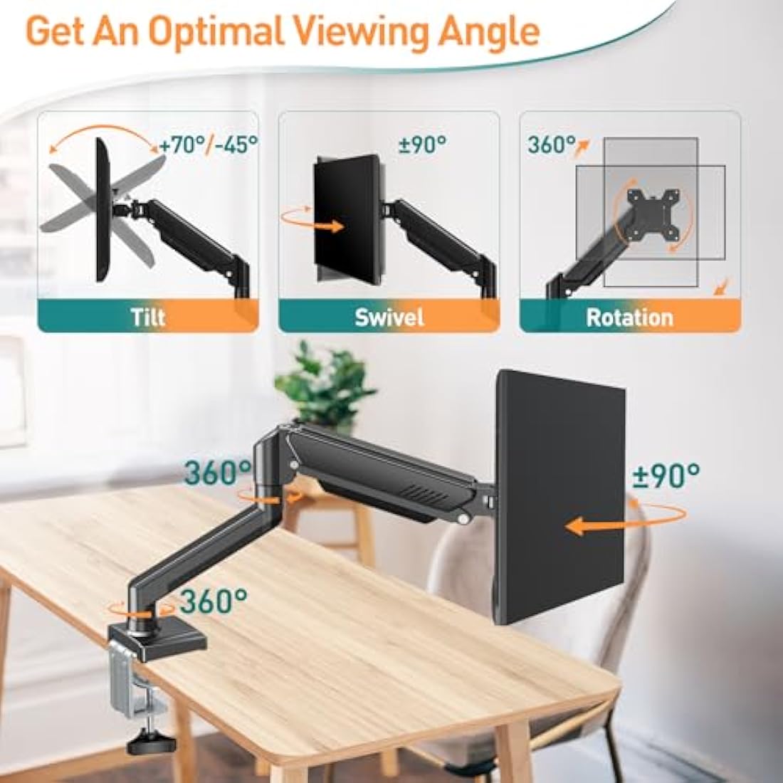 ELIVED Single Monitor Arm for Most 13-32 Inch Monitors with VESA 75x75/100x100mm up to 9KG, 360° Rotation Gas Spring Arm with C-Clamp and Grommet Base, Monitor Stand Mount EV004
