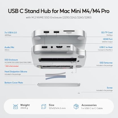 PULWTOP Mac Mini M4 Dock with 4TB M.2 SSD Enclosure (SSD NOT Included), Mac Mini M4/ M4 Pro Hub Stand with HDMI 4K 60Hz, 2024 MacMini USB C Hub Accessories, 3 USB A 2.0, SD/TF Card Slots, 3.5mm Audio