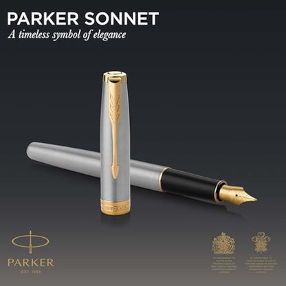 Parker Sonnet Fountain Pen | Stainless Steel with Gold Trim | Fine Nib | Gift Box