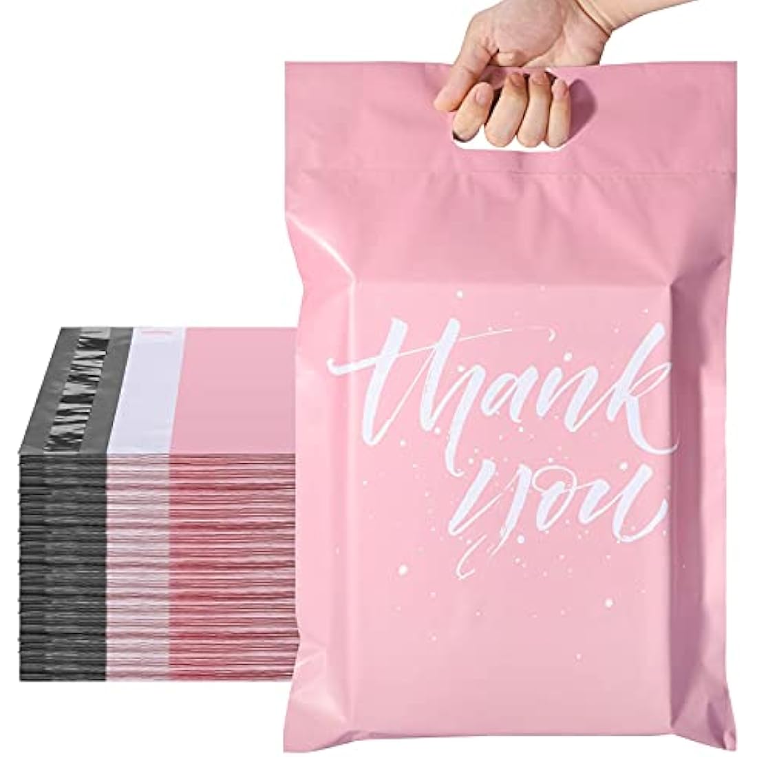 Switory 100Pcs Parcel Bags for Posting Clothes 305x394mm Postal Bags Shipping Bags with Handle Mailing Bags for Clothing Posting Bags with Self Adhesive 12X15.5 Package Bags Pink - Thank You Design