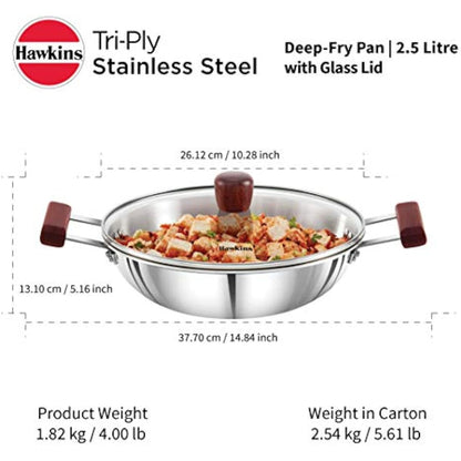 HAWKINS 2.5 Litre Deep Fry Pan, Triply Stainless Steel Kadai with Glass Lid, Flat Bottom Induction Kadhai, Silver (SSD25G)