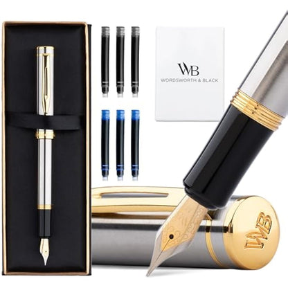 Wordsworth and Black Fountain Pen Mini EDC: Luxury Silver Heavy Pocket Pen, Gold Finish, Medium Nib, 6 Ink Cartridges, Ink Converter, Travel Refillable Writing Pen Gift Set, Men & Women
