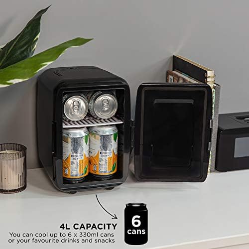 Russell Hobbs Mini Cooler RH4CLR1001B 4L/6 Can Portable Mini Cooler & Warmer for Drinks, Cosmetics/Makeup/Skincare, AC/DC Power, Retro Style, Black, For Bedroom, Home, Caravan, Car