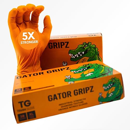 TG TOUGH GLOVE Gator Gripz Nitrile Gloves (Pack Of 50) | Diamond Texture Orange Disposable | Powder & Latex Free | Strong Heavy-Duty (S)