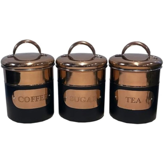 Black & Copper Metal Tea Coffee Sugar Storage Canister Set Jar Pots Tins