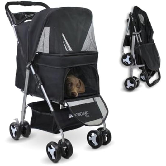 Mobiclinic® Pets Foldable Dog Pram, Up to 15 kg, Ideal for Small Dogs, Pet Stroller, Zuma, Wheels with 360° Brakes, XXL Basket, 3 Windows with Zip and Mosquito Net, Cup Holder (Black)