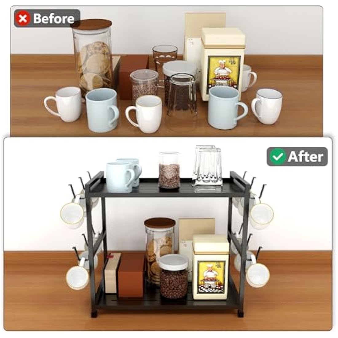 Bethom Coffee Cup Holder Kitchen 12 Hooks Kitchen Storage Rack 2 Tier Coffee Station Organizer Metal Mug Stand Mug Holders for Kitchen Tea Coffee Bar, Black