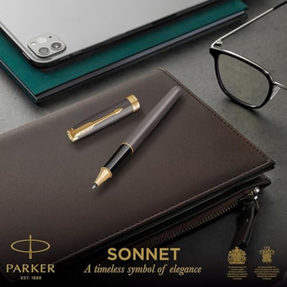 PARKER Sonnet Rollerball Pen | Grey Lacquer with Gold Trims | Fine Stainless Steel Point | Black Ink Refill | Gift Box | Perfect Graduation Gifts