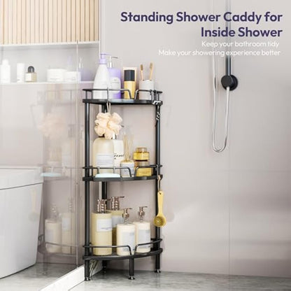 SWTYMIKI Corner Shower Caddy - 3 tier Bathroom Corner Shelf Shower Organizer Corner with 4 Hooks, Rust Free Standing Shower Caddy with Soap Holder,Shower Rack for Inside Bathroom,Shower storage,Black