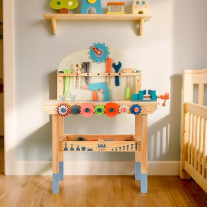 Tool Bench for Kids Toy Play Workbench Wooden Tool Bench Workshop Workbench with Tools Set Wooden Construction Bench Toy for 3 4 5 Year Old Boys and Girls