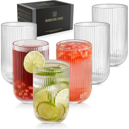 TKNO 6X 410ml Ribbed Highball Glasses Tall Hi Ball Glass Water Gin Juice Cocktail Drinking Glassware Origami Style Fluted Ripple Beverage Tumblers Set, Ideal for Home, Restaurant, Events & Parties