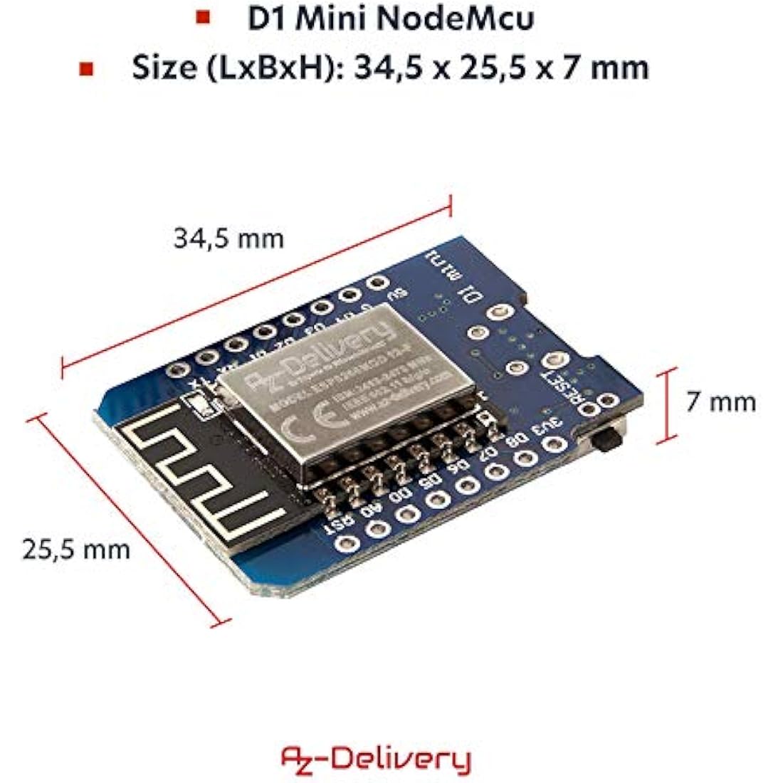 AZDelivery 5 x D1 Mini NodeMcu WiFi Board ESP8266-12F CH340G WLAN ESP8266 Micro USB Lua Module 3.3V 500mA compatible with Arduino Including E-Book!